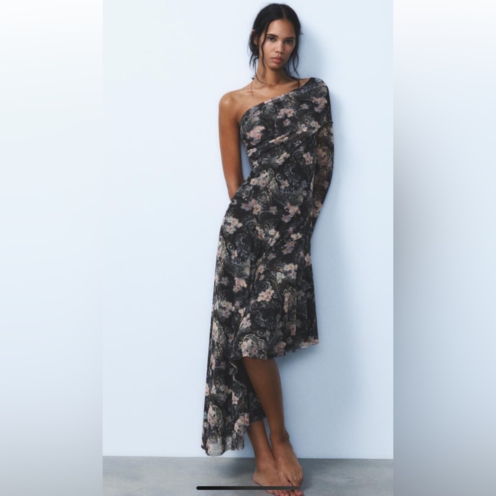 Zara One-Shoulder Long Sleeve Floral Dress in Black and Pink